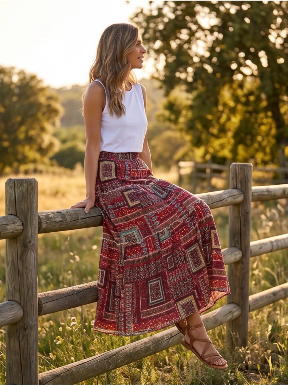 Tsher Red Patchwork Floral Boho Maxi Skirt Tiered Ruffle Womens Medium NWT